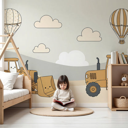 Kids-Mundo bulldozer and tractor wall mural with hot air balloons in a soft neutral nursery room