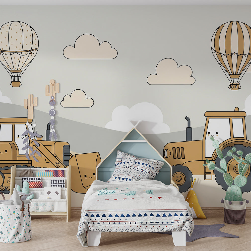 Kids-Mundo bulldozer and tractor mural on a playroom wall with balloons drifting overhead