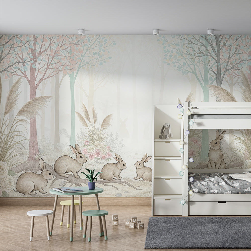 Kids-Mundo bunny forest wall mural bringing soft pink and teal tones to a kids bedroom wall