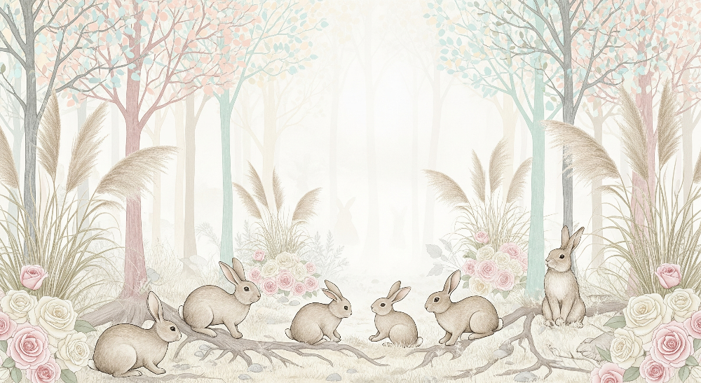 Kids-Mundo rabbit wall mural artwork showing six bunnies among roses in a pastel forest