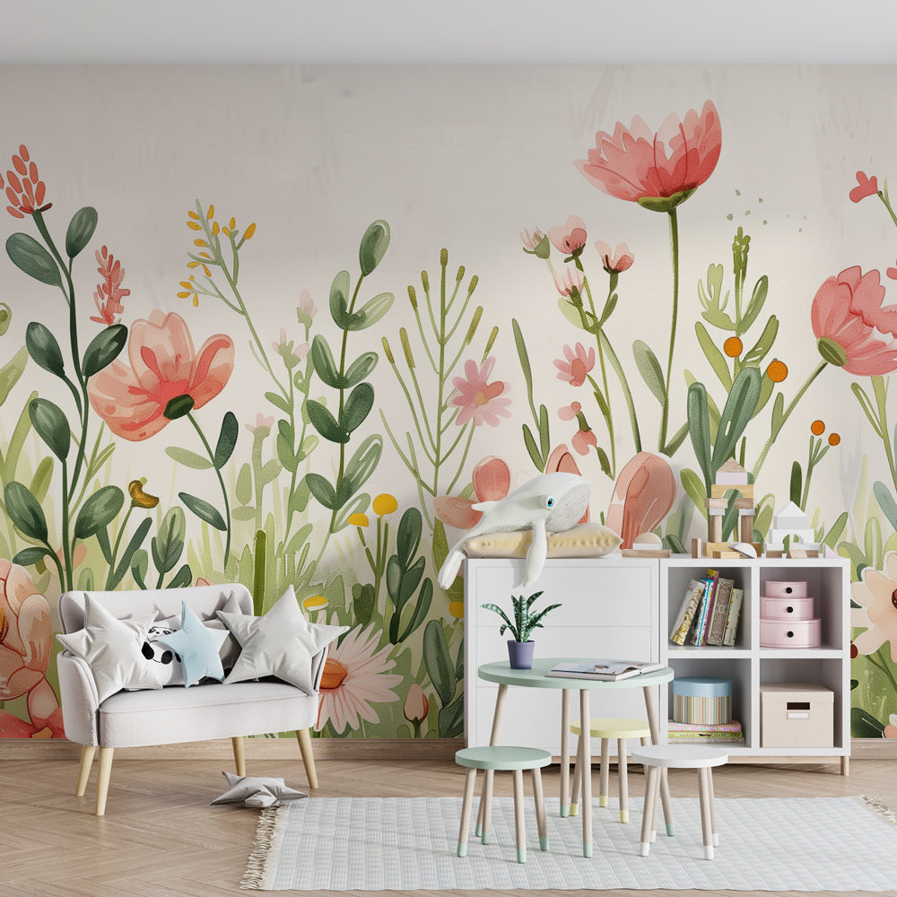 Kids-Mundo wildflower meadow wall mural brightening a cheerful kids' bedroom