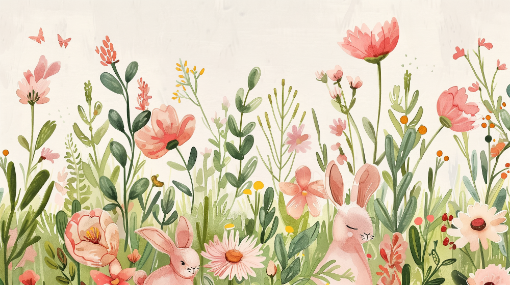 Bunnies in a Wildflower Meadow Wall Mural