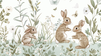 Kids-Mundo flat artwork preview of the rabbit wildflower meadow wall mural design.