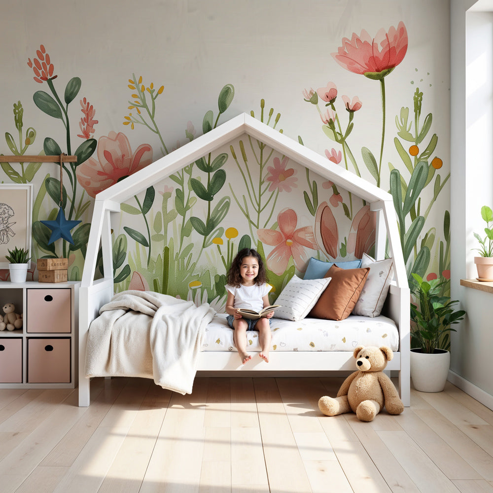 Kids-Mundo bunnies in a wildflower meadow wall mural styled in a soft baby nursery