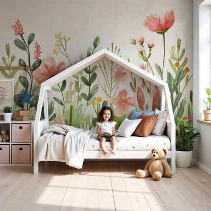 Kids-Mundo bunnies in a wildflower meadow wall mural styled in a soft baby nursery