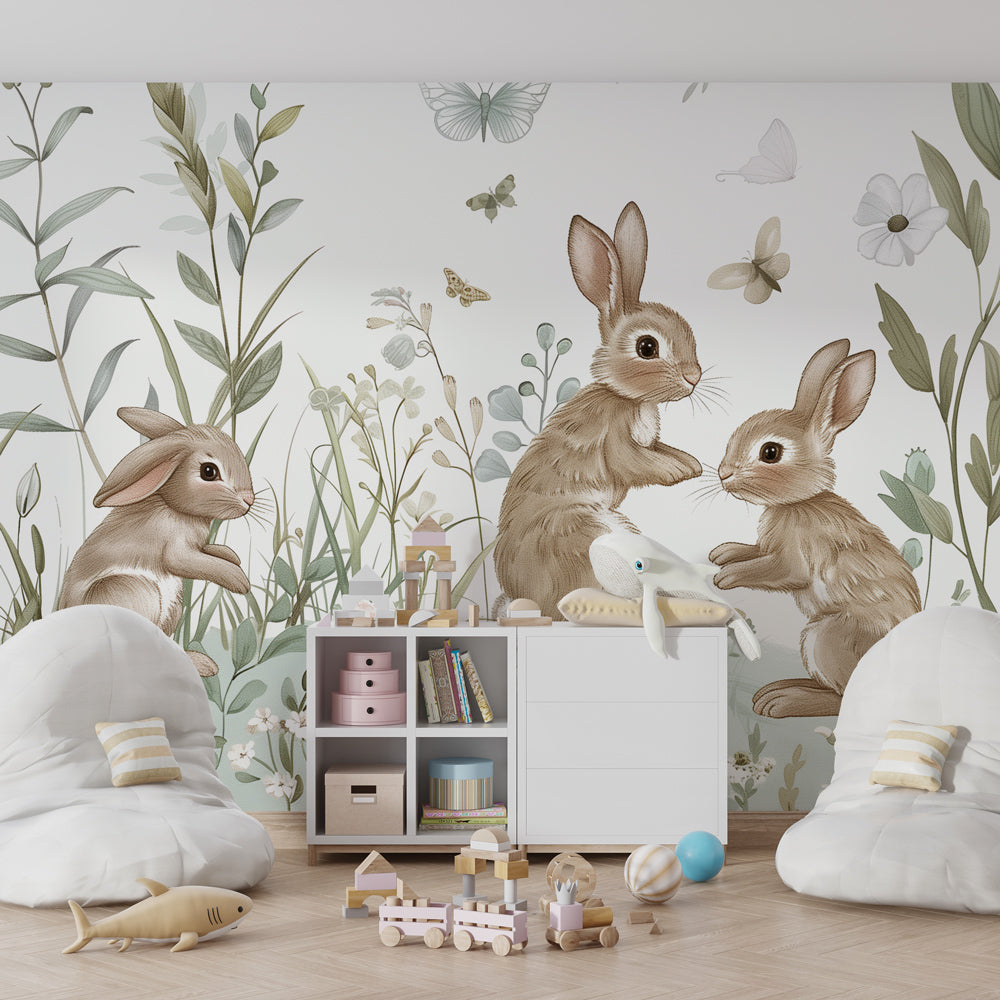 Kids-Mundo bunny wall mural bringing a playful meadow scene into a bright playroom.