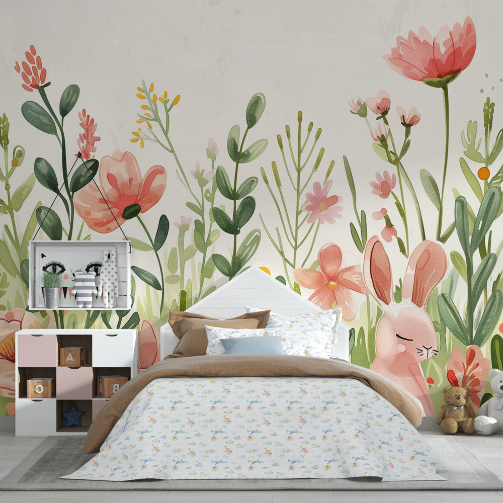 Kids-Mundo bunny meadow mural adding floral charm to a children's playroom wall