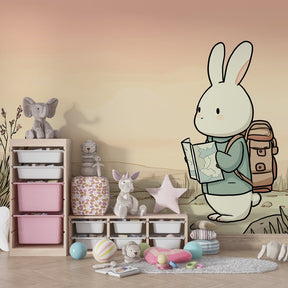 Explorer bunny wallpaper in modern kids bedroom with natural wood furniture and cozy atmosphere