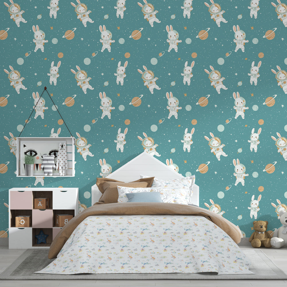 Bunny astronaut mural wallpaper bringing cosmic adventure to kids playroom decor