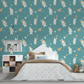 Bunny astronaut mural wallpaper bringing cosmic adventure to kids playroom decor