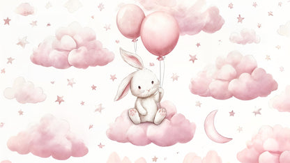 Kids-Mundo flat artwork of the bunny with balloons on pink clouds wall mural