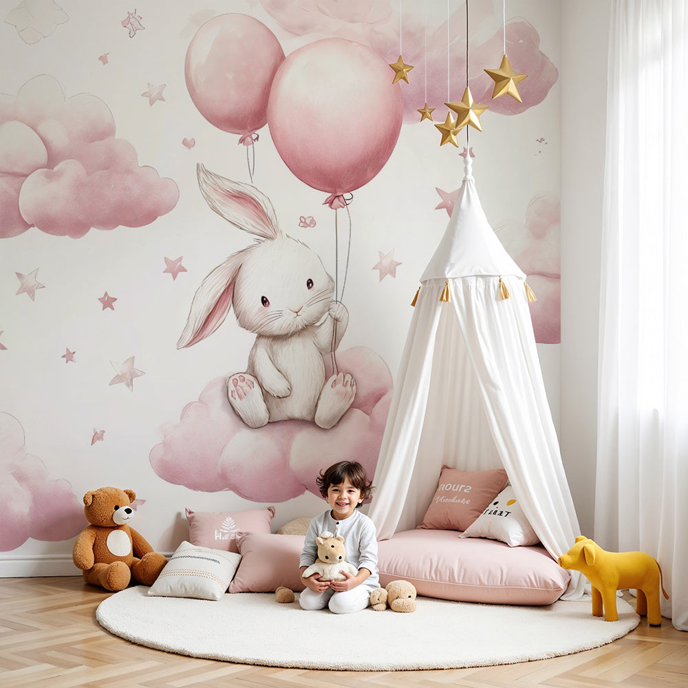 Kids-Mundo bunny and balloons wall mural styled in a soft pink nursery