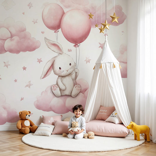 Kids-Mundo bunny and balloons wall mural styled in a soft pink nursery