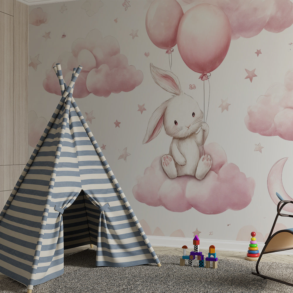 Kids-Mundo dreamy bunny wall mural brightening a soft children's playroom