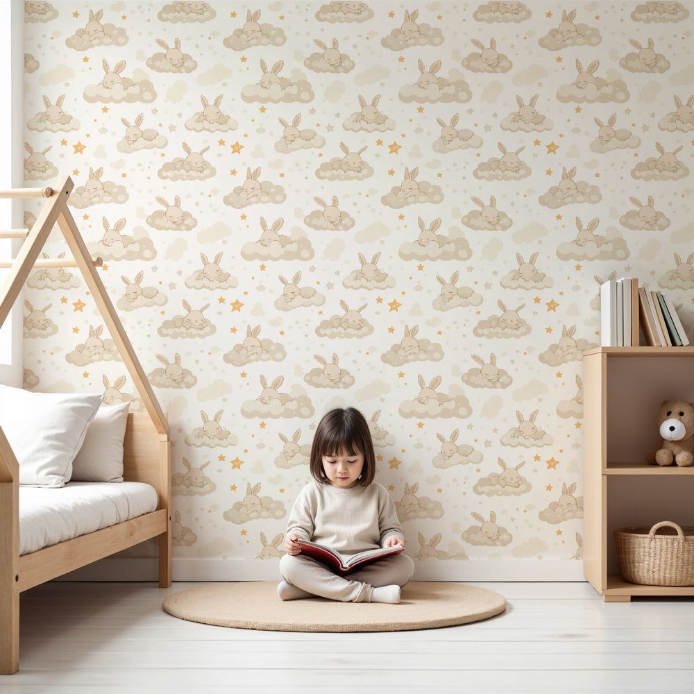 Bunny cloud mural wallpaper in peaceful nursery setting with neutral decor by Kids-Mundo