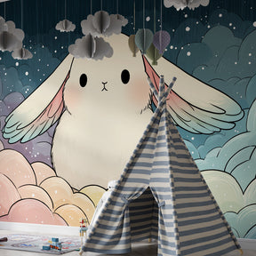 Pastel bunny wallpaper creating dreamy atmosphere in baby's bedroom with white furniture