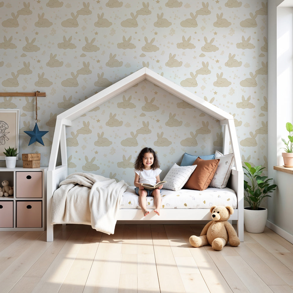 Bunny clouds mural wallpaper creating serene nursery atmosphere with sleeping rabbits by Kids-Mundo