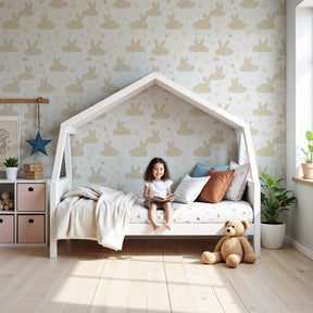 Bunny clouds mural wallpaper creating serene nursery atmosphere with sleeping rabbits by Kids-Mundo