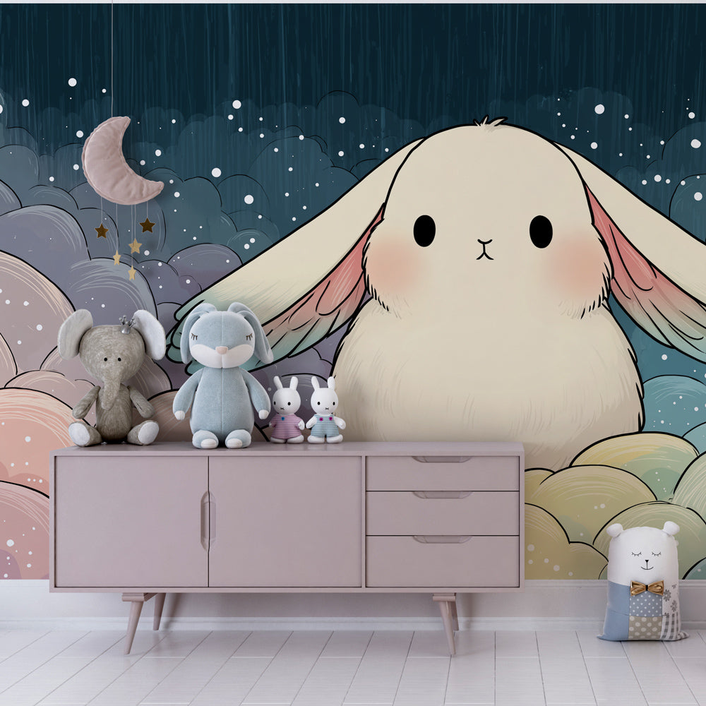 Soft clouds and bunny mural wallpaper decorating peaceful children's playroom space