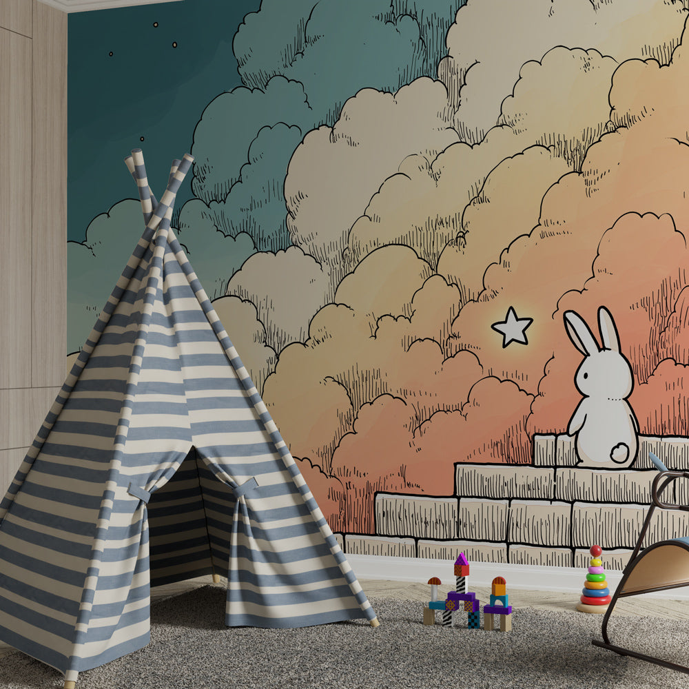Celestial bunny wallpaper creating calming toddler room environment with starry sky theme by Kids-Mundo