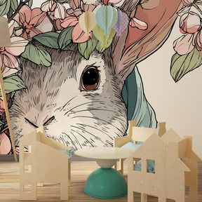 Sweet rabbit garden wallpaper creating magical children's bedroom decor with soft lighting