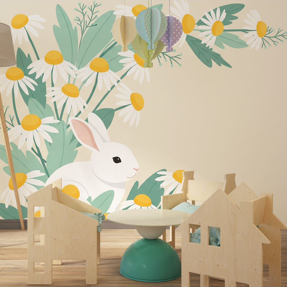 White rabbit and daisy mural wallpaper transforming children's bedroom into peaceful garden space
