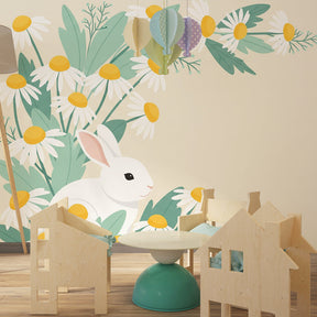 White rabbit and daisy mural wallpaper transforming children's bedroom into peaceful garden space