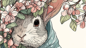 Detailed bunny and flowers mural wallpaper design pattern with rabbit in colorful scarf by Kids-Mundo