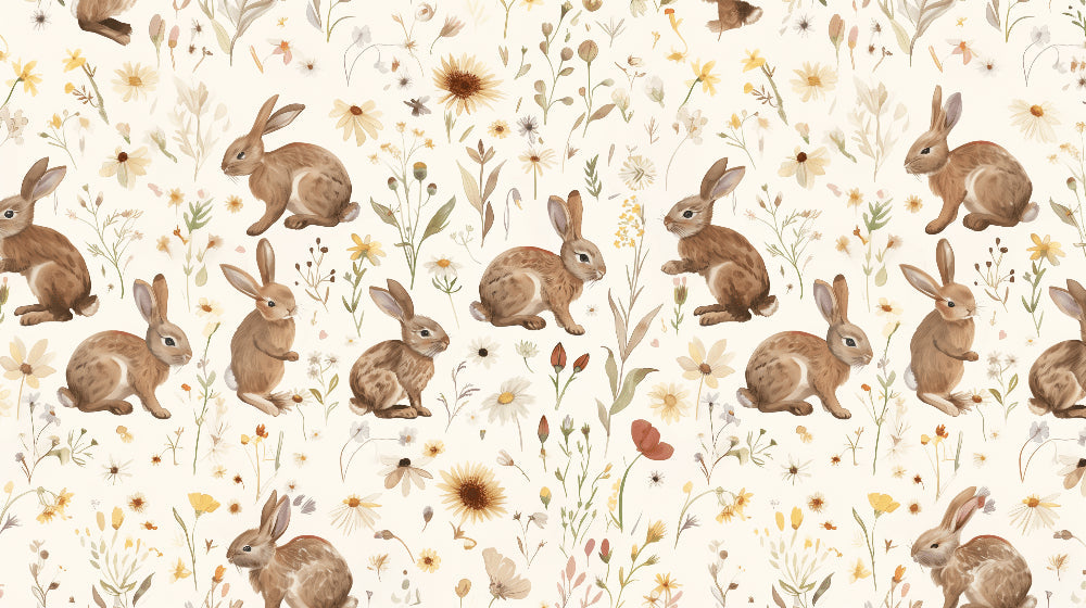 Detailed watercolor bunny and flowers mural wallpaper design pattern by Kids-Mundo