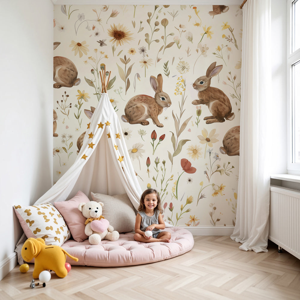 Watercolor bunny floral mural wallpaper in beige nursery setting by Kids-Mundo