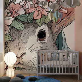 Floral bunny mural wallpaper transforming kids playroom into enchanted garden space