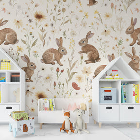 Beige floral bunny wallpaper transforming kids playroom into countryside meadow