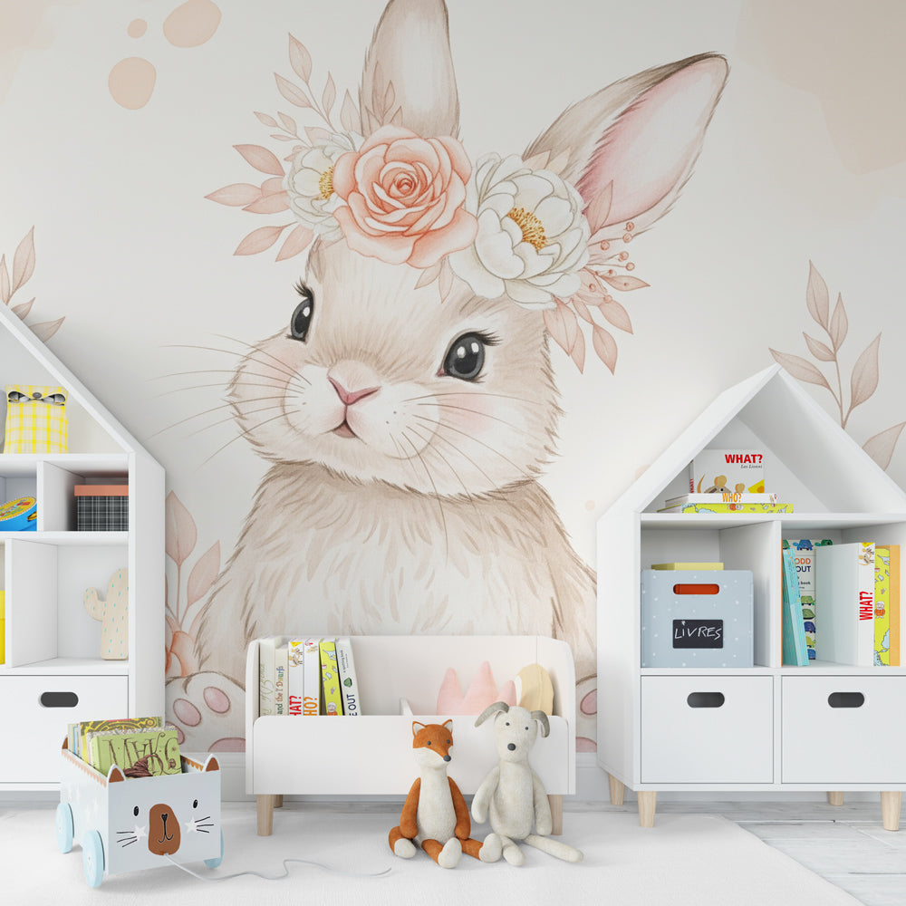 Kids-Mundo floral bunny wall mural covering a feature wall in a warm, cosy kids bedroom.