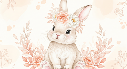 Kids-Mundo flat artwork print of the watercolour bunny with a flower crown design.