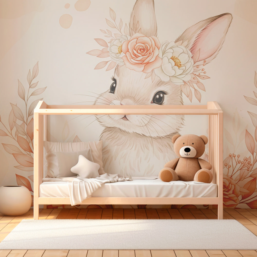 Kids-Mundo bunny with flower crown wall mural bringing a gentle backdrop to a bright playroom.