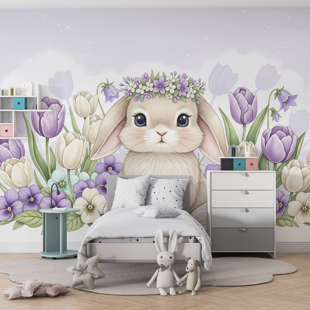 Rabbit garden wallpaper creating magical kids bedroom decor with purple flowers and bunny