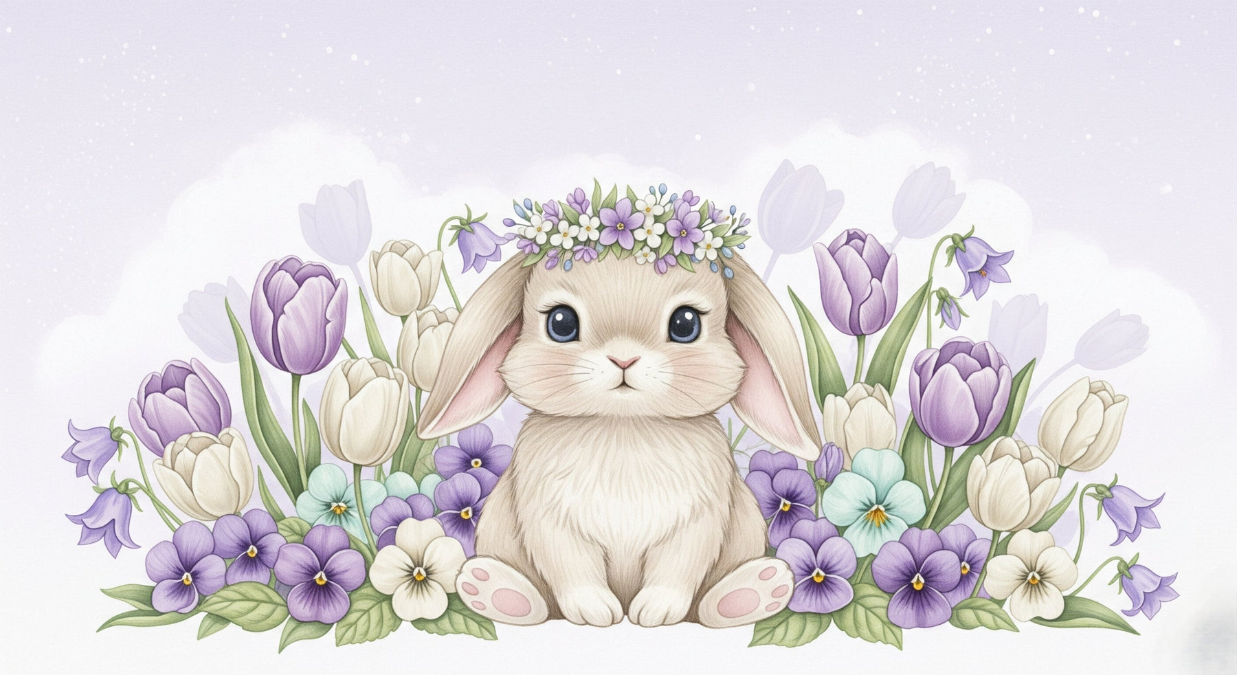 Detailed bunny flowers mural wallpaper design pattern showing rabbit with flower crown by Kids-Mundo