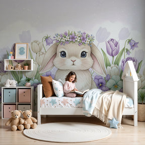 Cute bunny flowers mural wallpaper in modern nursery with floral garden design by Kids-Mundo
