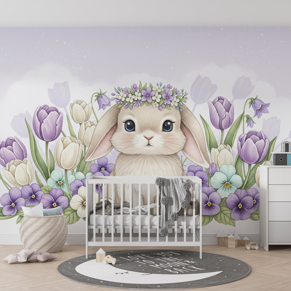 Floral bunny mural wallpaper transforming children's room with gentle mauve and white tones