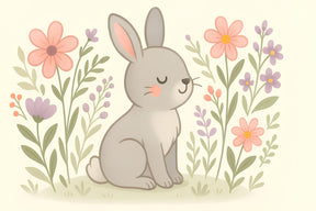 Detailed bunny garden mural wallpaper design pattern showing rabbit among colorful flowers by Kids-Mundo