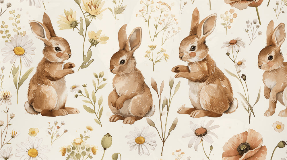 Detailed bunny garden mural wallpaper design pattern with rabbits and wildflowers by Kids-Mundo