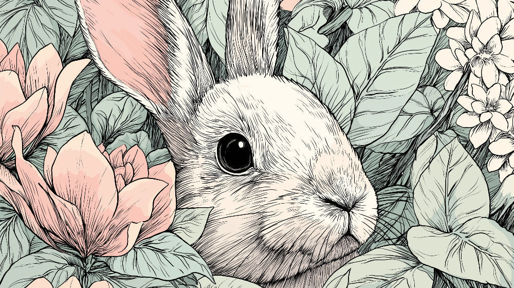 Complete bunny garden mural wallpaper design pattern showing woodland rabbits among enchanted florals by Kids-Mundo