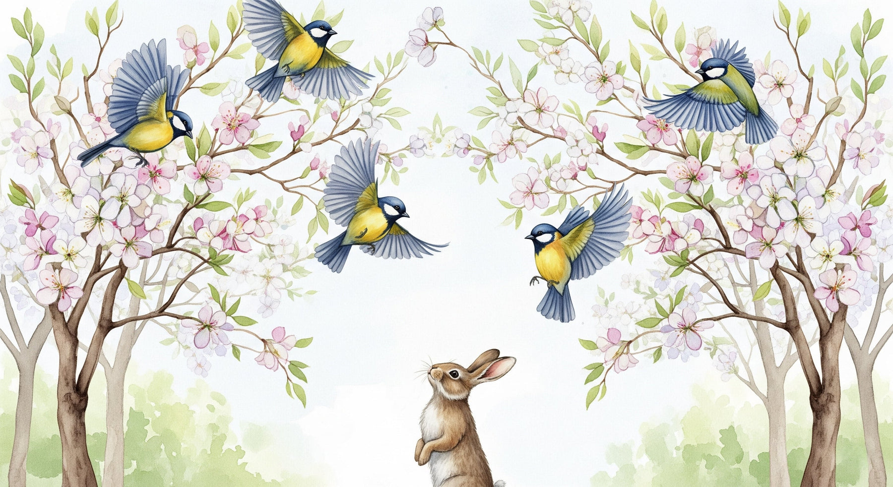 Detailed bunny garden mural wallpaper design pattern with rabbit, birds and flowers by Kids-Mundo