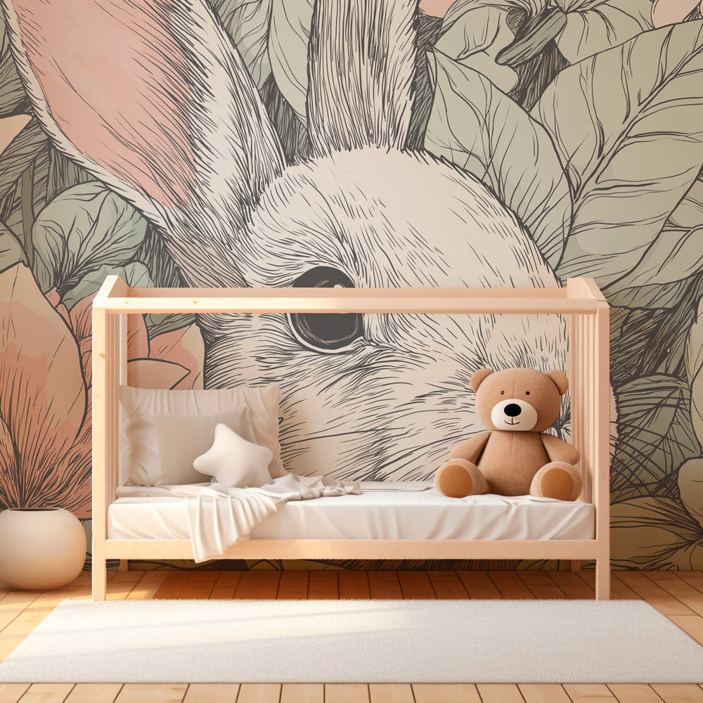 Close-up view of bunny garden mural wallpaper showing delicate botanical details and rabbit characters by Kids-Mundo