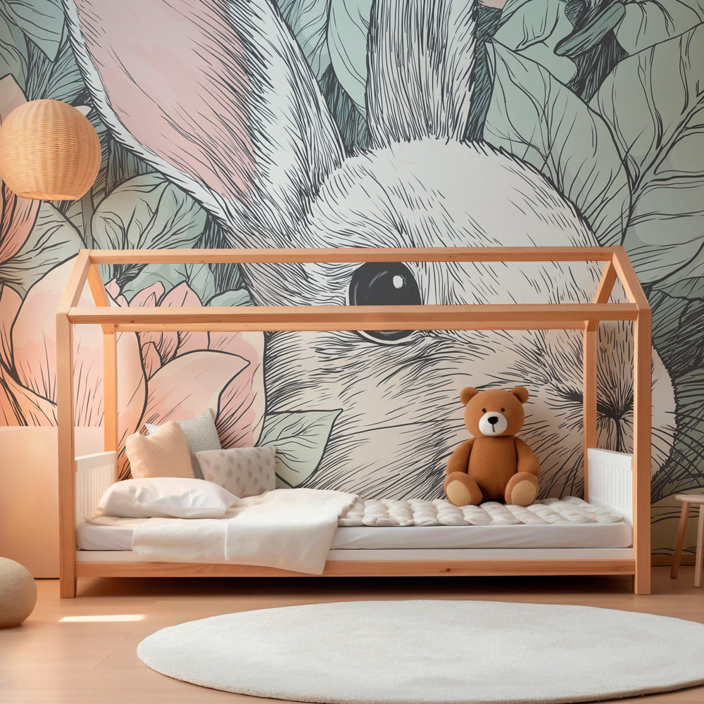 Enchanted bunny mural wallpaper transforming children's bedroom into whimsical woodland garden by Kids-Mundo