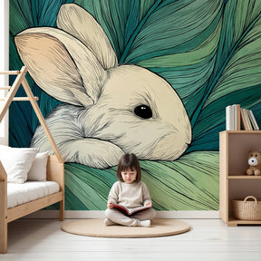 Bunny garden mural wallpaper creating peaceful nursery atmosphere by Kids-Mundo