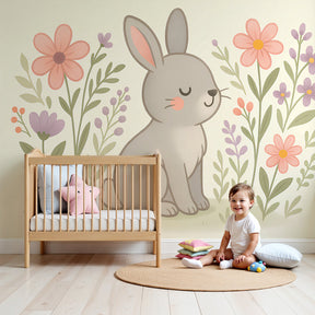 Bunny garden mural wallpaper in peaceful nursery setting with natural wood furniture by Kids-Mundo