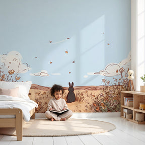 Bunny garden mural wallpaper in peaceful nursery with natural wood furniture by Kids-Mundo