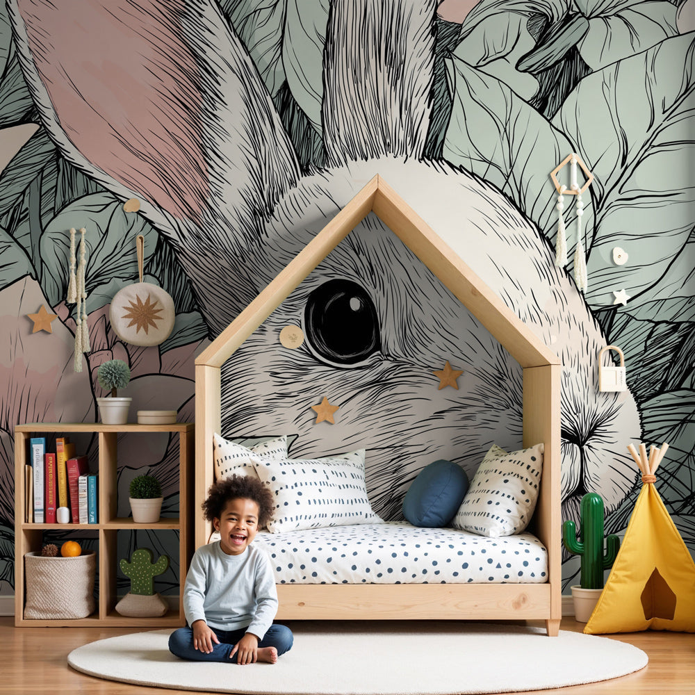 Bunny garden mural wallpaper creating magical nursery decor with woodland rabbits and pink florals by Kids-Mundo