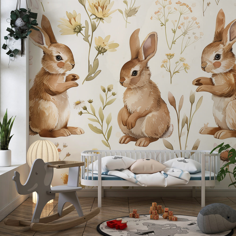 Nature-themed bunny mural wallpaper in bright toddler room with soft furnishings
